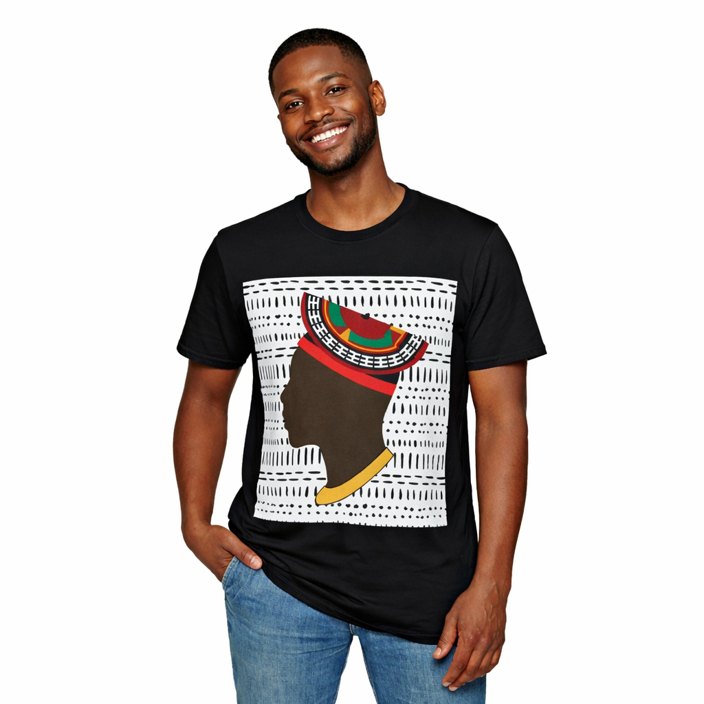 Man in Bamenda Hat White Mudcloth Unisex Softstyle T-Shirt