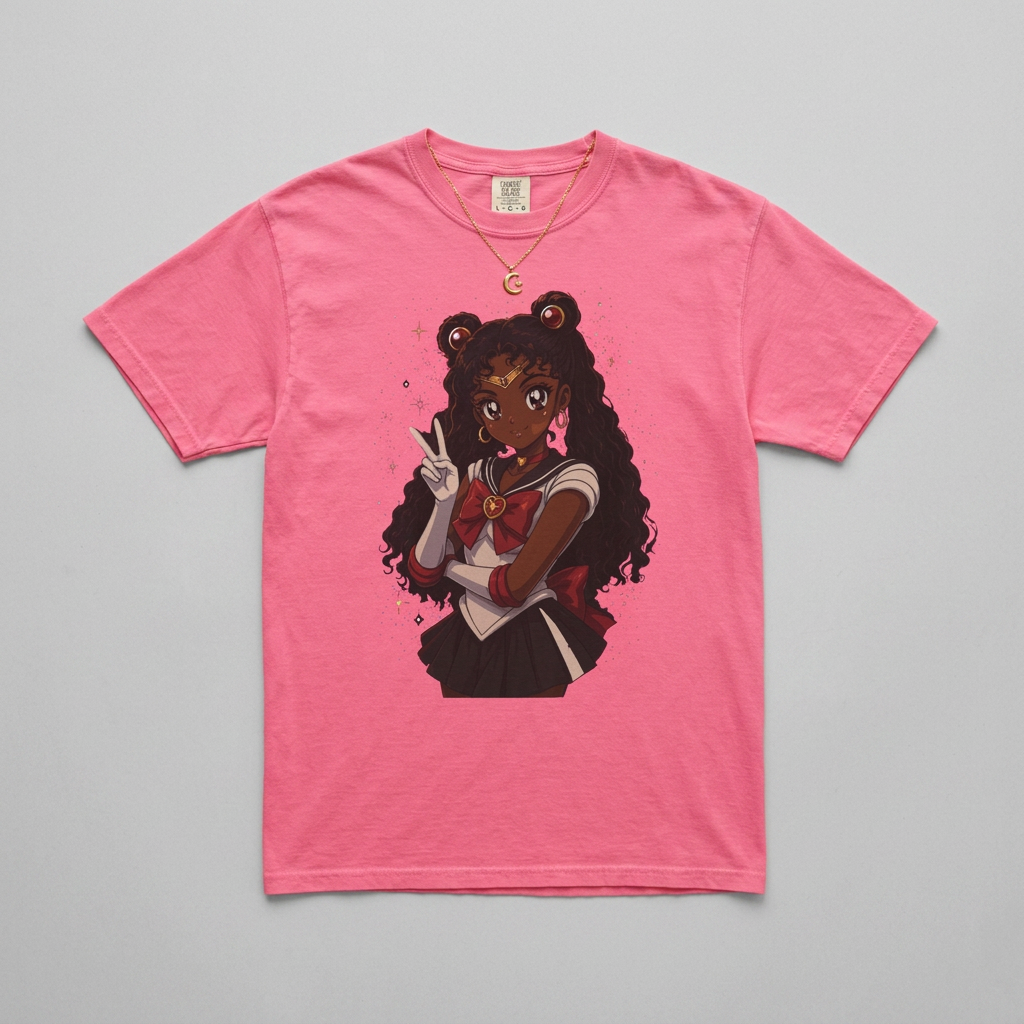 Melanin Magic Anime Tee, Black Anime Girl Shirt, Afro Magical Girl Tee, African Streetwear Graphic, Unisex Garment-Dyed T-Shirt