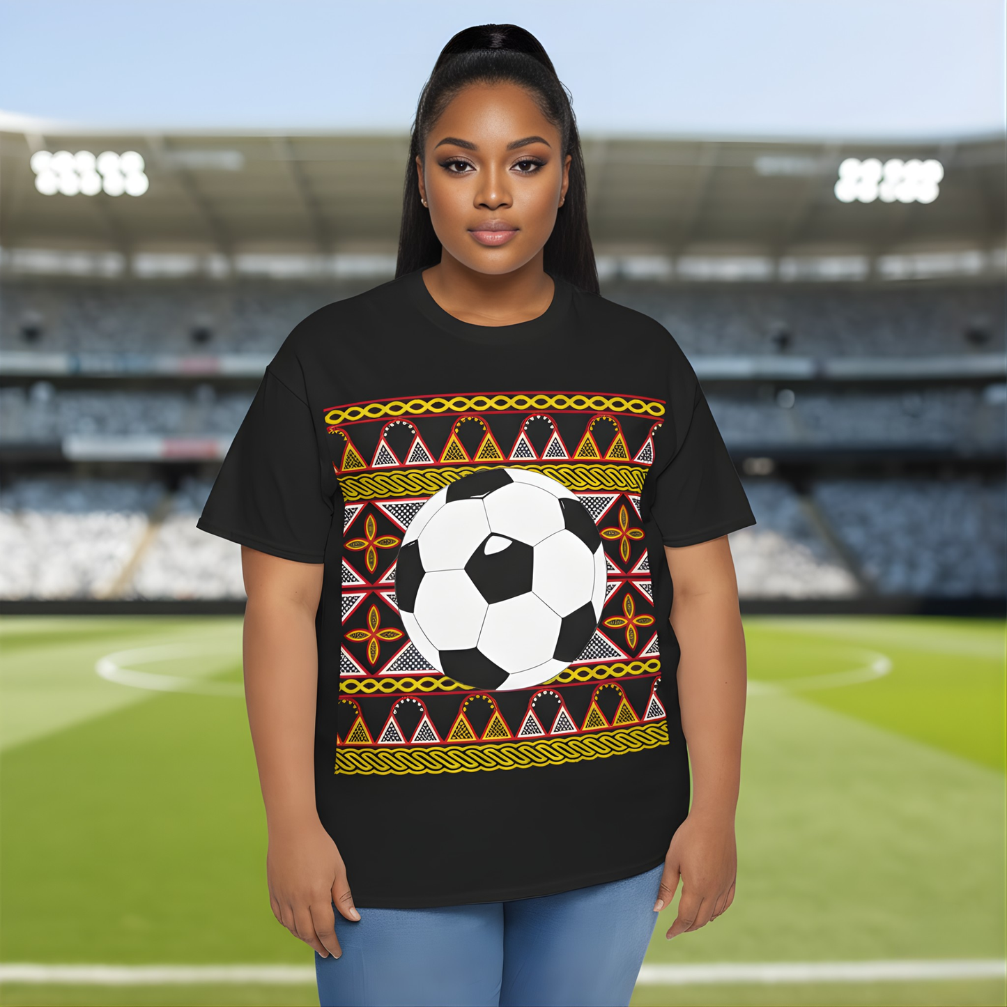 GOAL!! - BW Football on Yellow Toghu with Back Design Unisex Heavy Cotton Tee