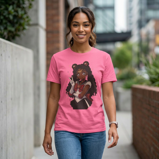 Melanin Magic Anime Tee, Black Anime Girl Shirt, Afro Magical Girl Tee, African Streetwear Graphic, Unisex Garment-Dyed T-Shirt