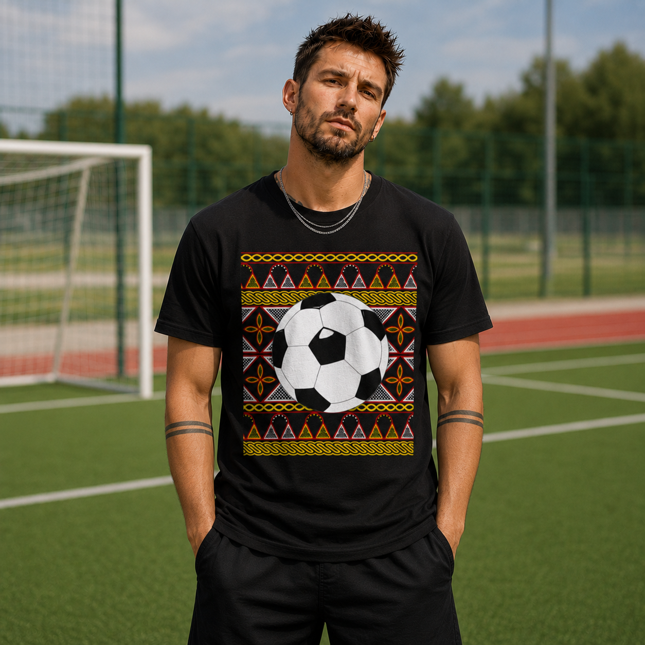 GOAL!! - BW Football on Yellow Toghu with Back Design Unisex Heavy Cotton Tee