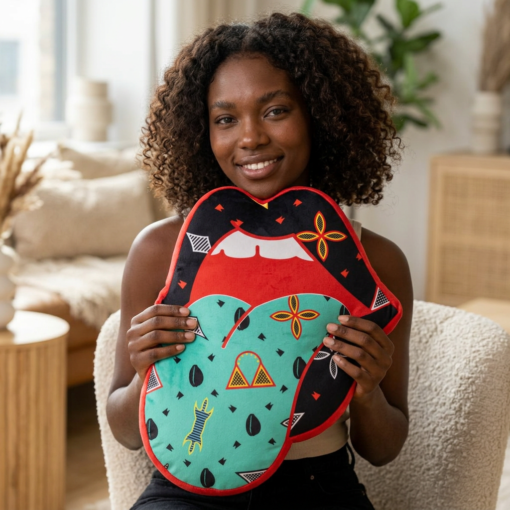 Toghu Neon Lips Custom Shaped Pillow, Decorative Throw Cushion, African Woman Portrait, Unique Home Decor, Personalized Gift,