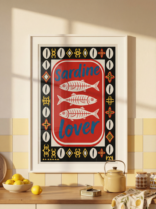 Retro Sardine Lover Satin Wall Art Poster, Kitchen Wall Art, African Pattern Border Print, Vintage Food Art, Framed Kitchen Decor, Mother's Day Gift