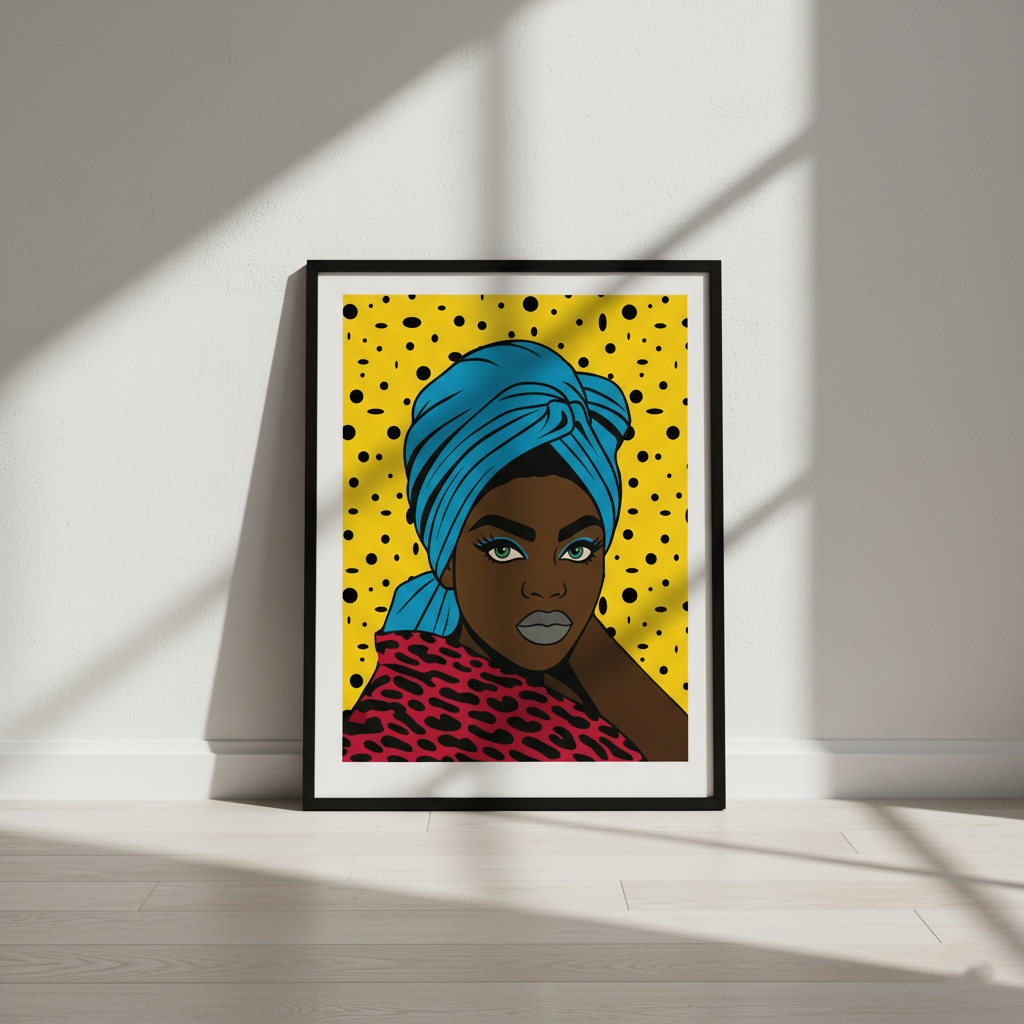 Turbanique Black Girl Wall Art, Satin Poster, Leopard Robe and Blue Turban Satin Poster, Modern Boho Home Decor