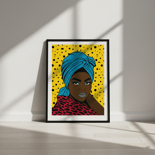 Turbanique Black Girl Wall Art, Satin Poster, Leopard Robe and Blue Turban Satin Poster, Modern Boho Home Decor