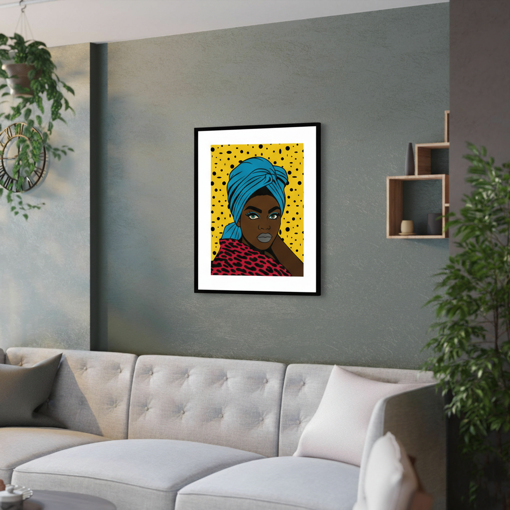 Turbanique Black Girl Wall Art, Satin Poster, Leopard Robe and Blue Turban Satin Poster, Modern Boho Home Decor