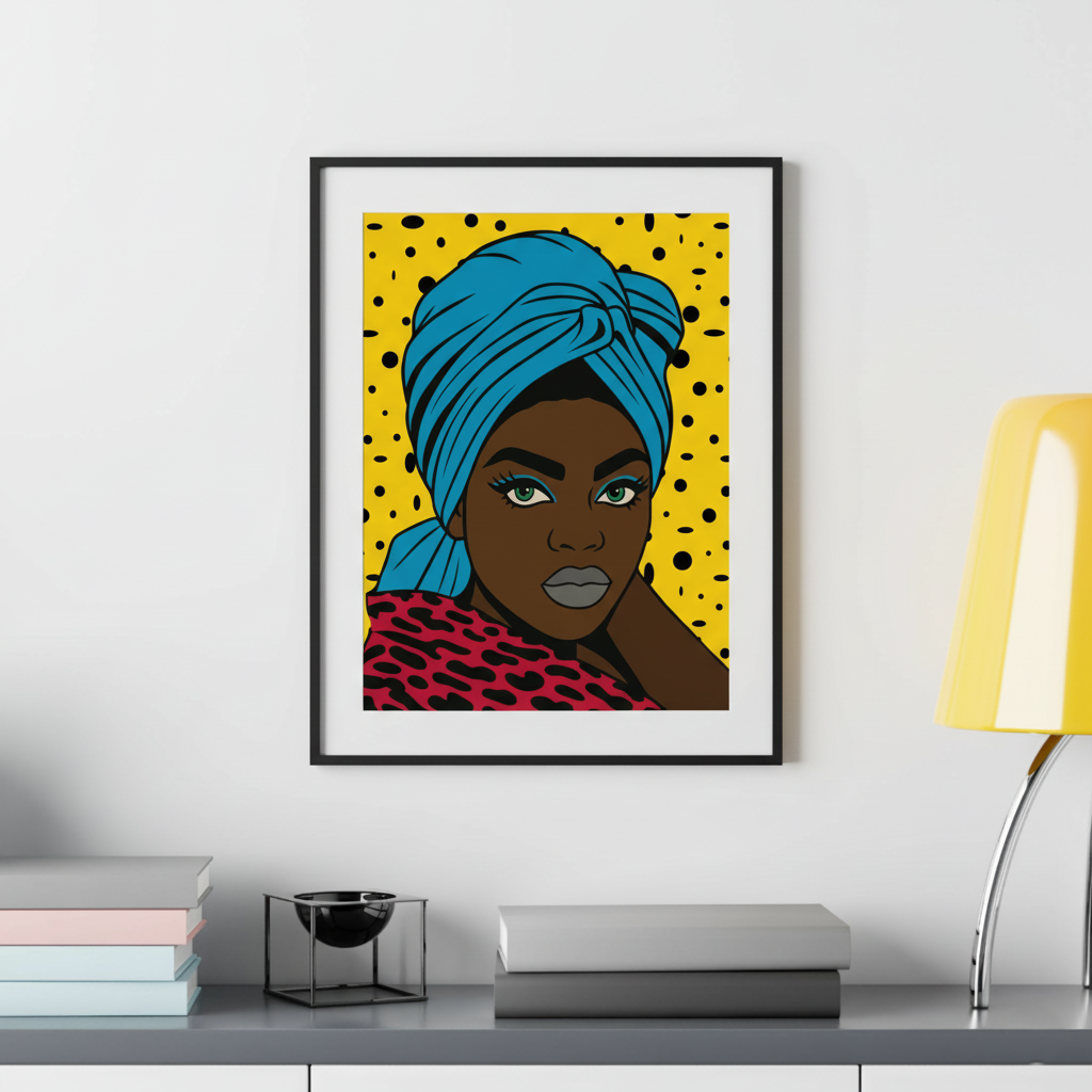 Turbanique Black Girl Wall Art, Satin Poster, Leopard Robe and Blue Turban Satin Poster, Modern Boho Home Decor