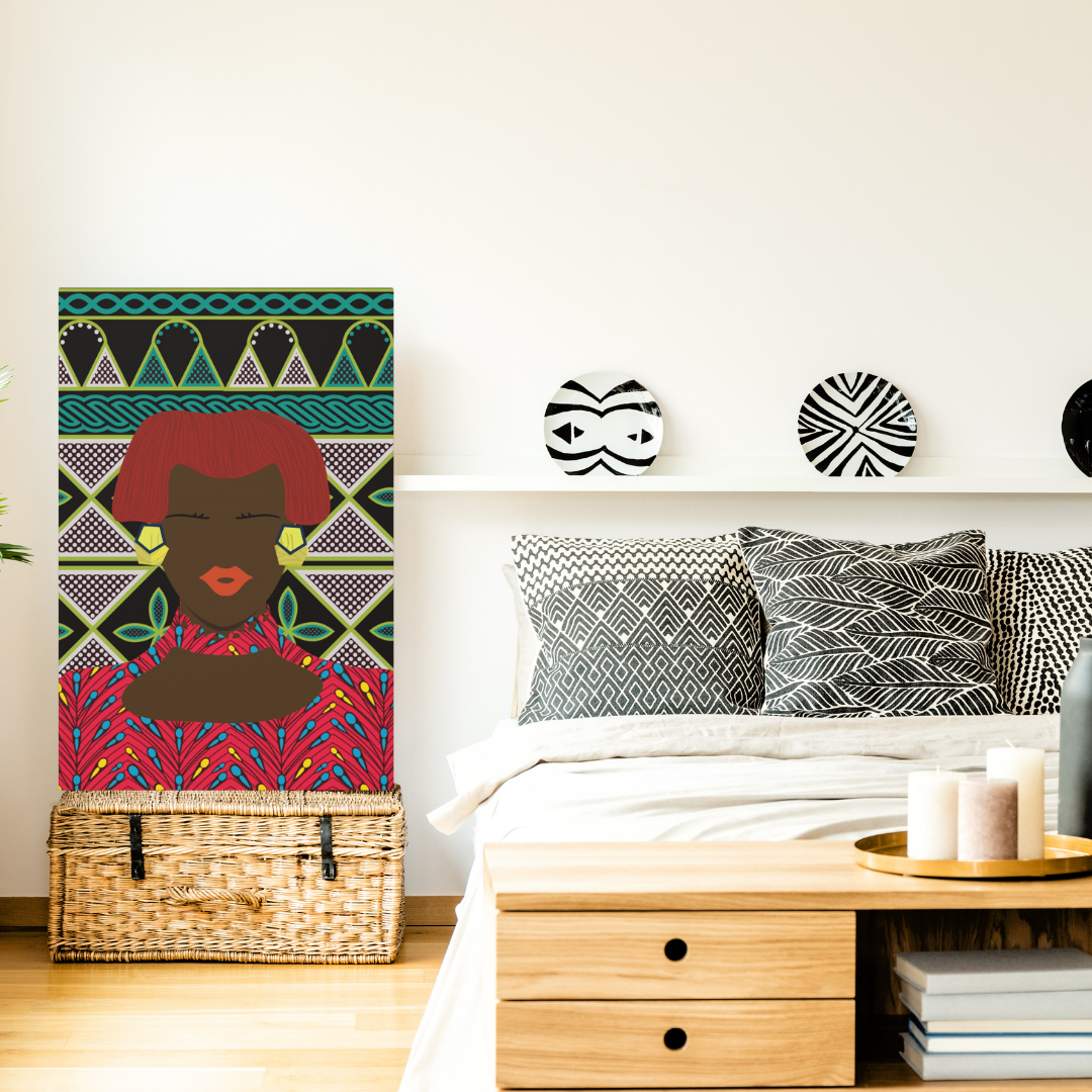Matte Canvas Wall Art, Bobby (Chocolate) in Floral Red on Green Cameroon Toghu Stretched Art Print, Home Decor, African Inspired Gift, Unique, Stretched, 1.25"