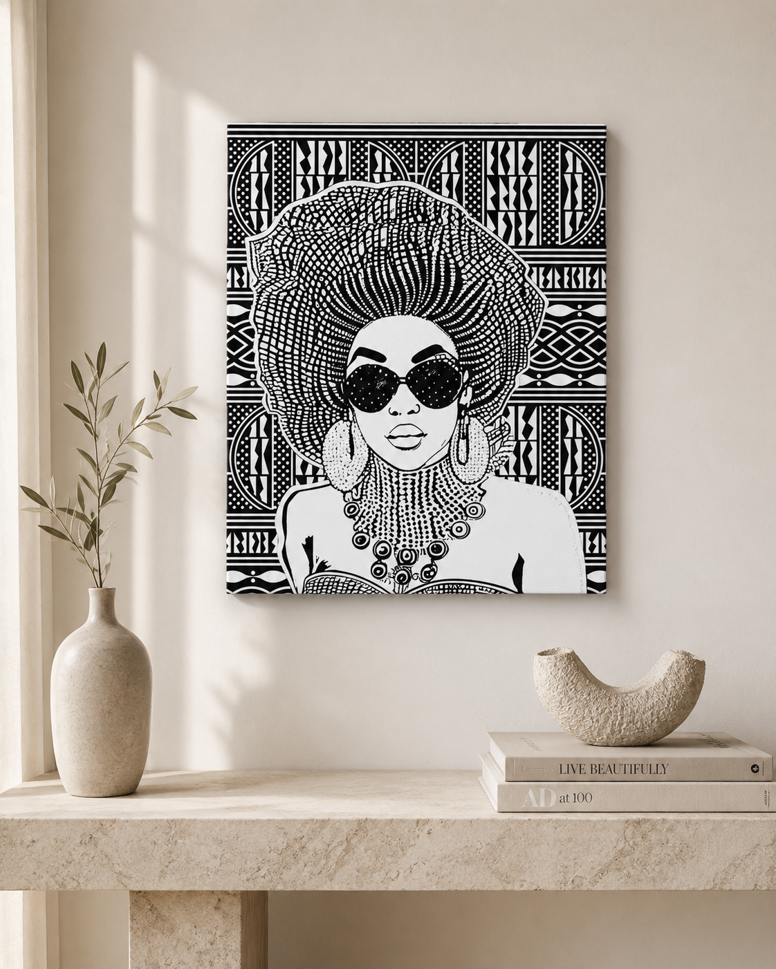 Madame Headtie on BW Ndop Matte Canvas, Stretched, 1.25" Modern African Art Print, Stylish Home Decor