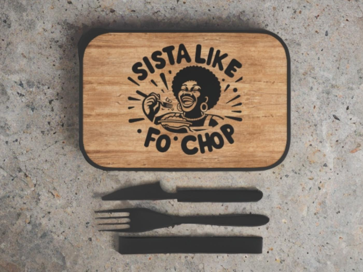 PLA Bento Box — “Sista Like Fo’ Chop” Wooden-Look Eco Lunchbox with Utensils