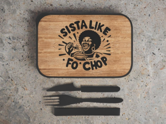 PLA Bento Box — “Sista Like Fo’ Chop” Wooden-Look Eco Lunchbox with Utensils
