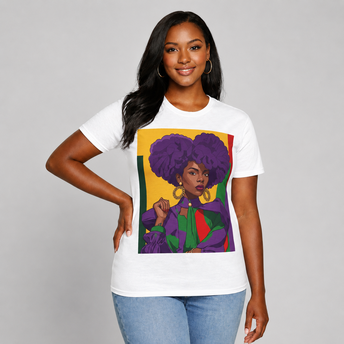 Abella Afro Unisex Softstyle Cotton T-shirt, Bold Color Block Illustration, Black Woman Art