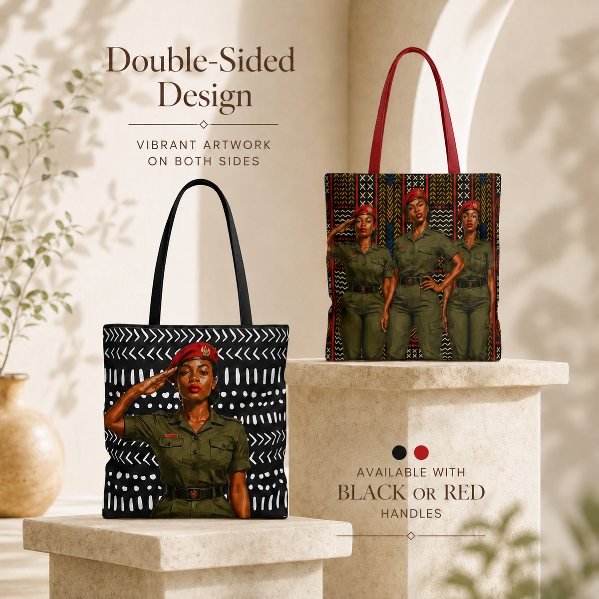 Salute to Strength Canvas Tote Bag, African  Black Female Gendarme (Soldier) Salute  Art Tote