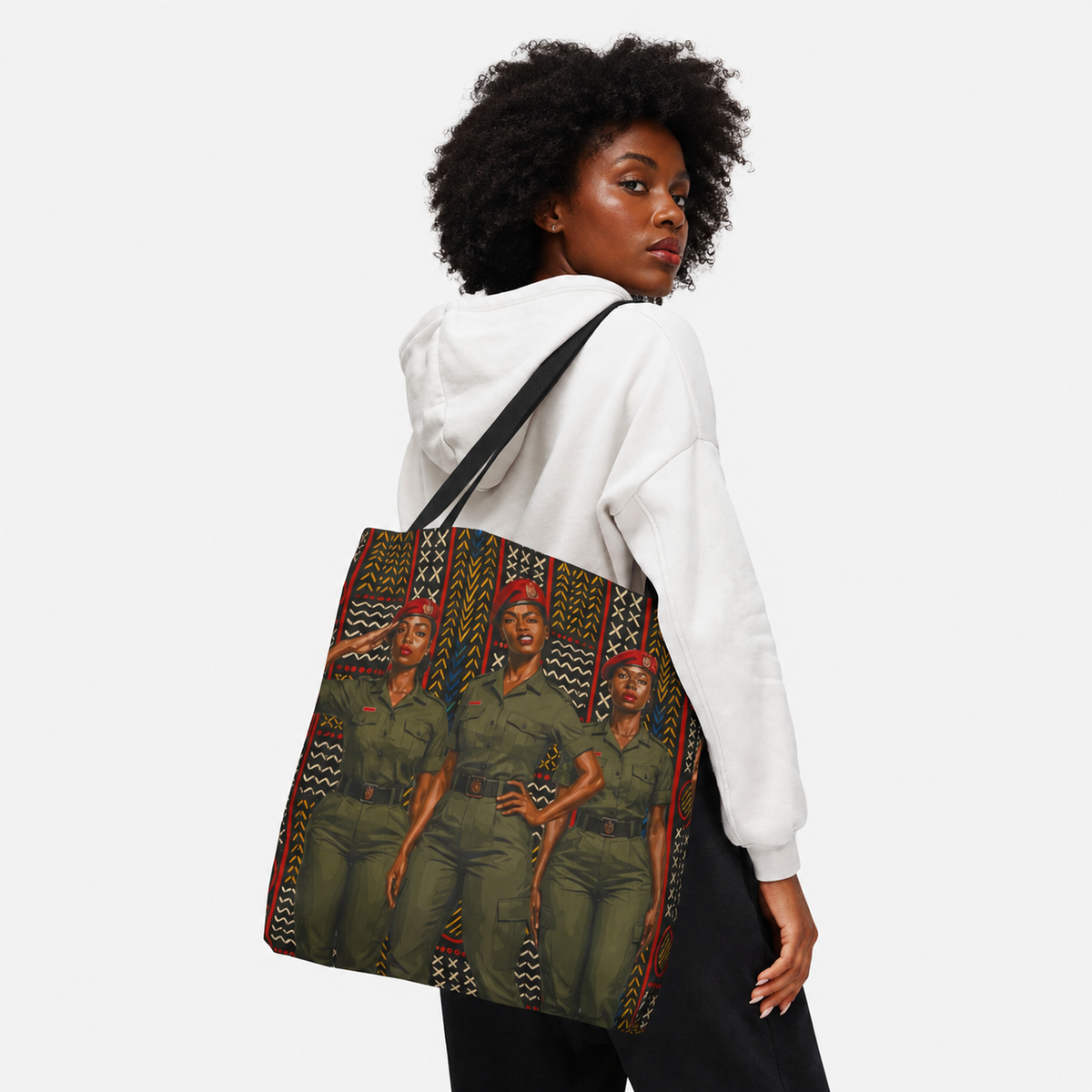 Salute to Strength Canvas Tote Bag, African  Black Female Gendarme (Soldier) Salute  Art Tote
