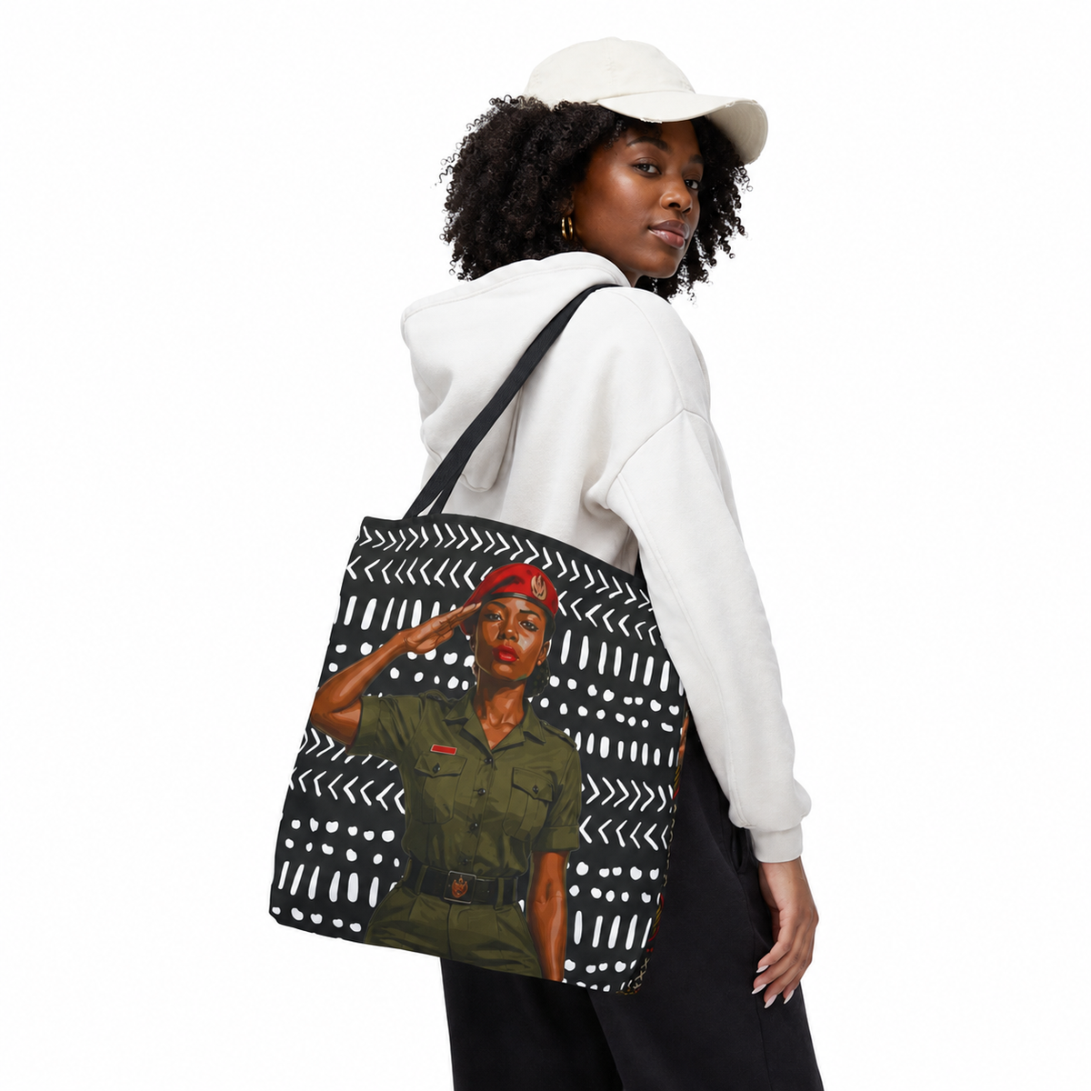 Salute to Strength Canvas Tote Bag, African  Black Female Gendarme (Soldier) Salute  Art Tote