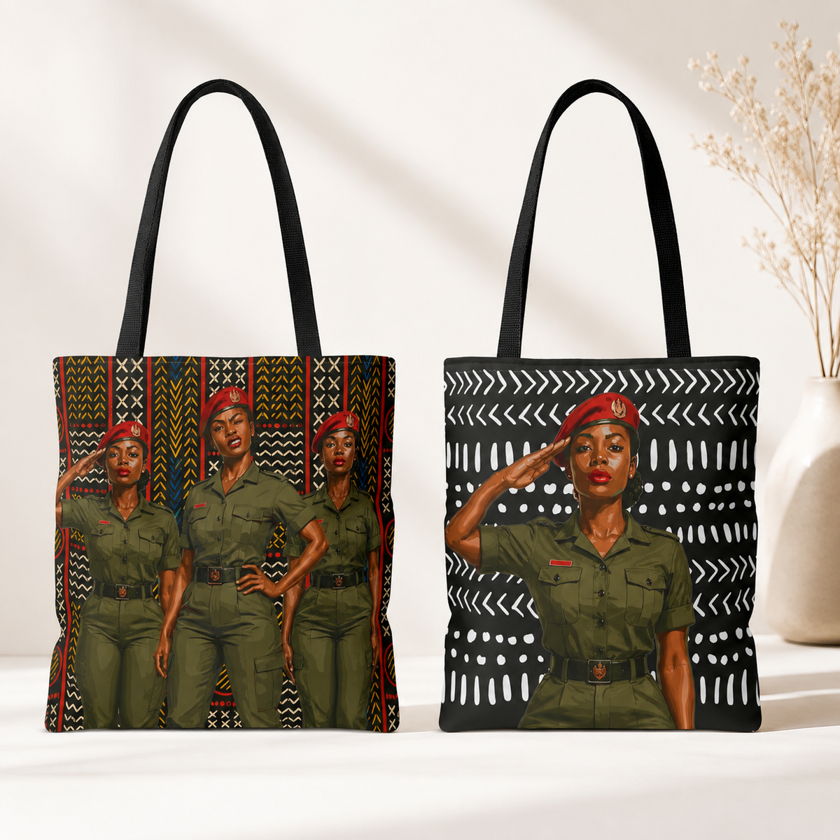 Salute to Strength Canvas Tote Bag, African  Black Female Gendarme (Soldier) Salute  Art Tote