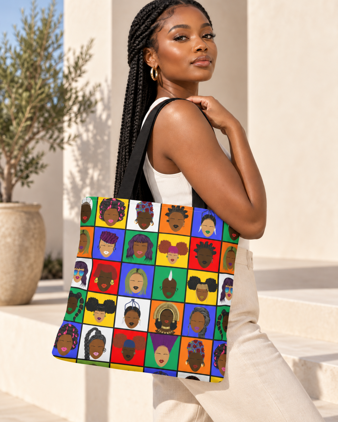 Colorful Faces Pattern Tote Bag — Multicultural Pop Art All-Over Print