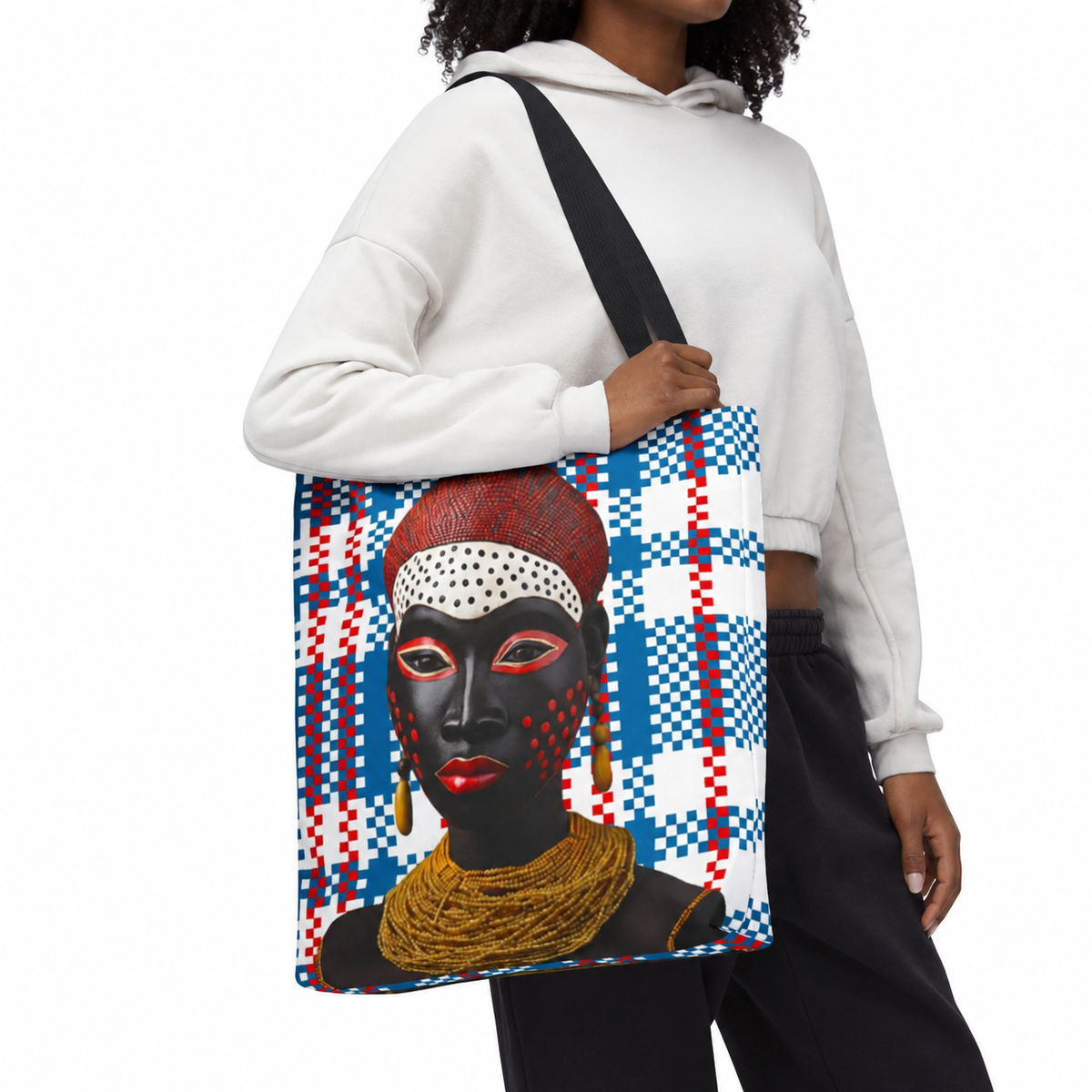 African Tote Bag, Masked Lady Design, Mukuta Plaid Grocery Bag, Gift for Her, Shopping Tote, Carry All Bag