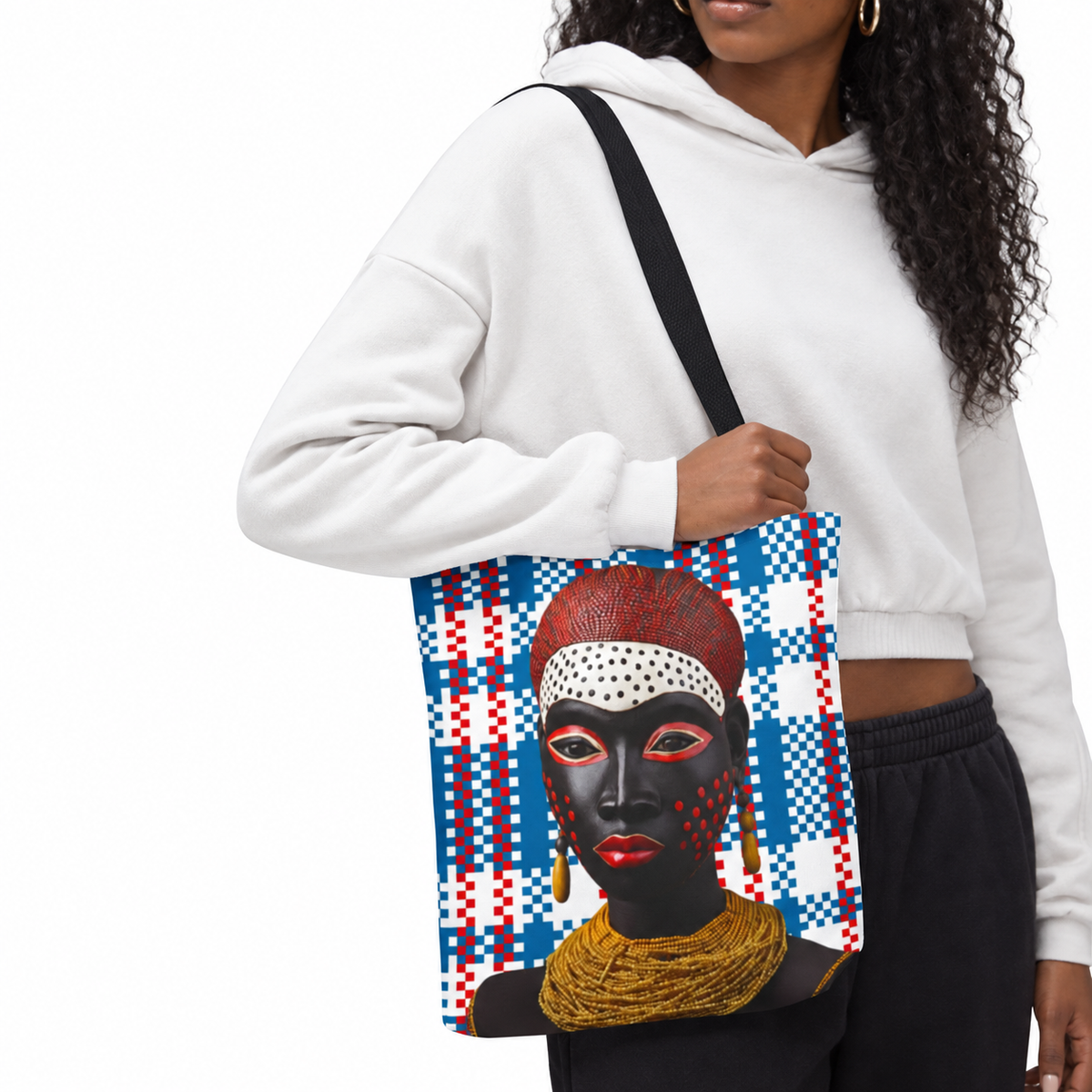 African Tote Bag, Masked Lady Design, Mukuta Plaid Grocery Bag, Gift for Her, Shopping Tote, Carry All Bag