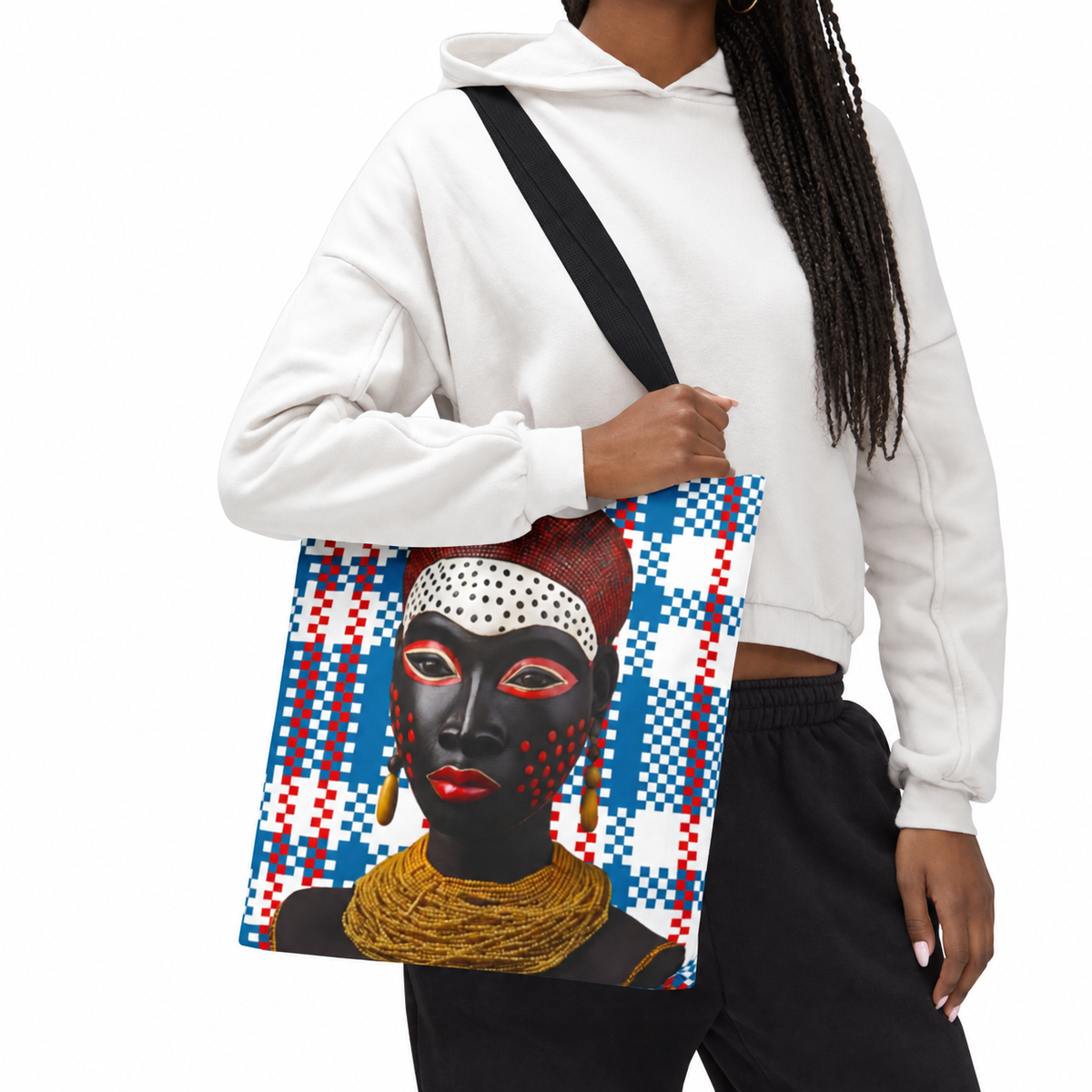 African Tote Bag, Masked Lady Design, Mukuta Plaid Grocery Bag, Gift for Her, Shopping Tote, Carry All Bag