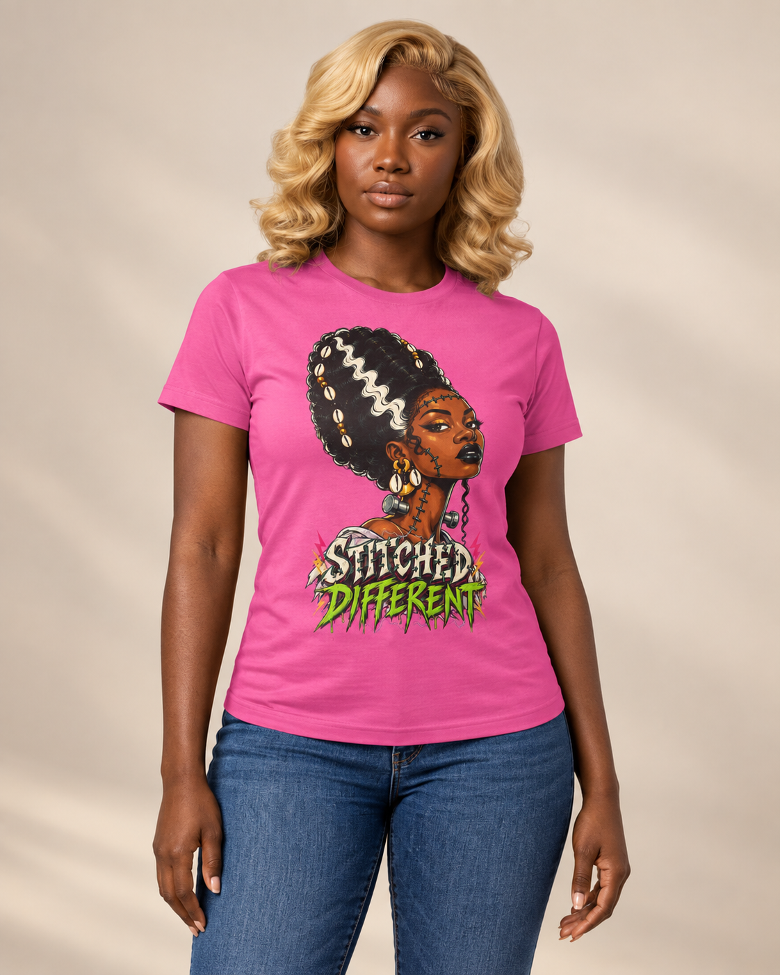 Stitched Different Afro Punk Portrait Tee, Halloween Women's Cotton Cotton T-Shirt