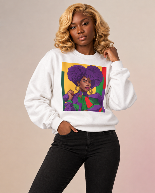 Abella Cotton Blend Sweatshirt, Black Woman Art, Colorful African-Inspired Crewneck