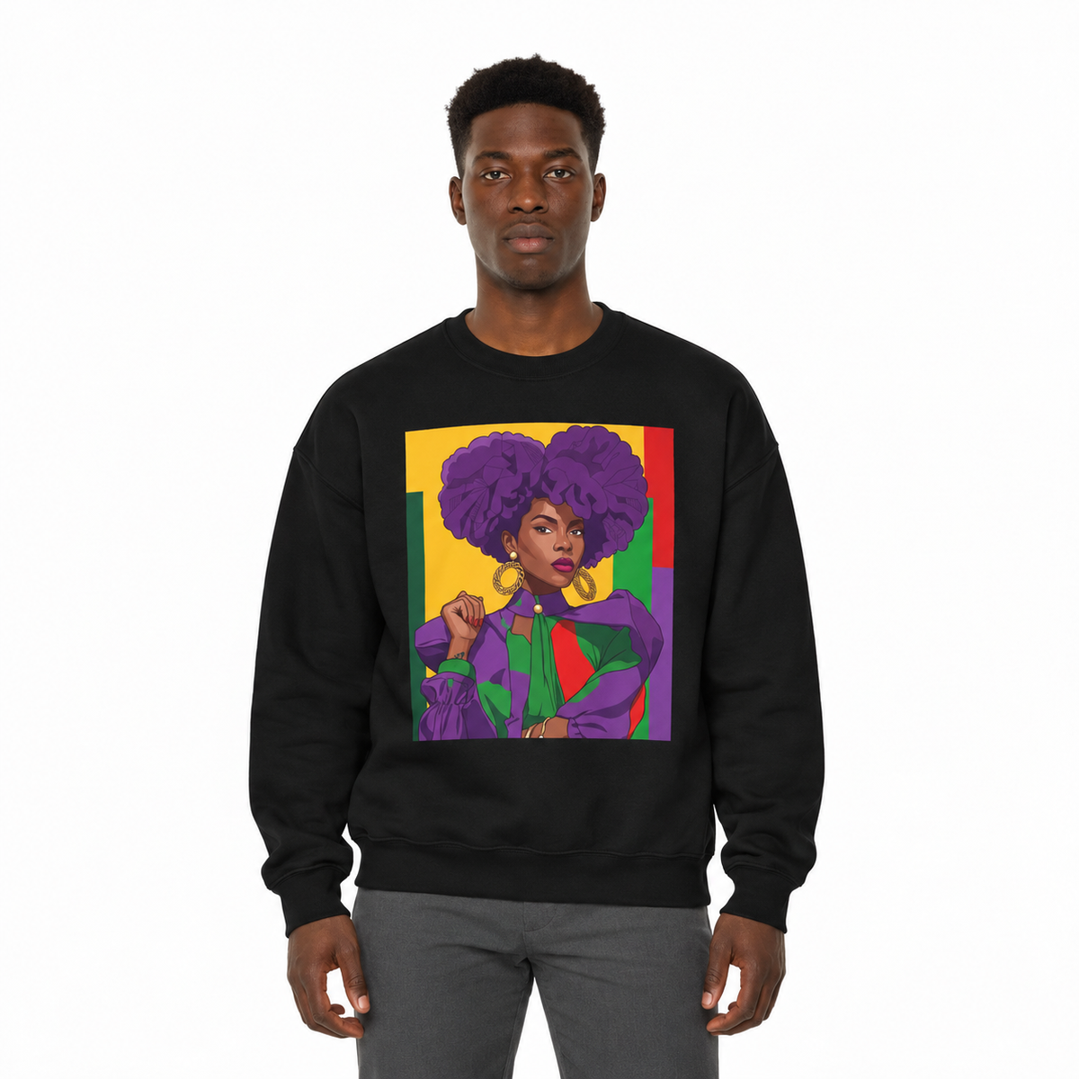 Abella Cotton Blend Sweatshirt, Black Woman Art, Colorful African-Inspired Crewneck