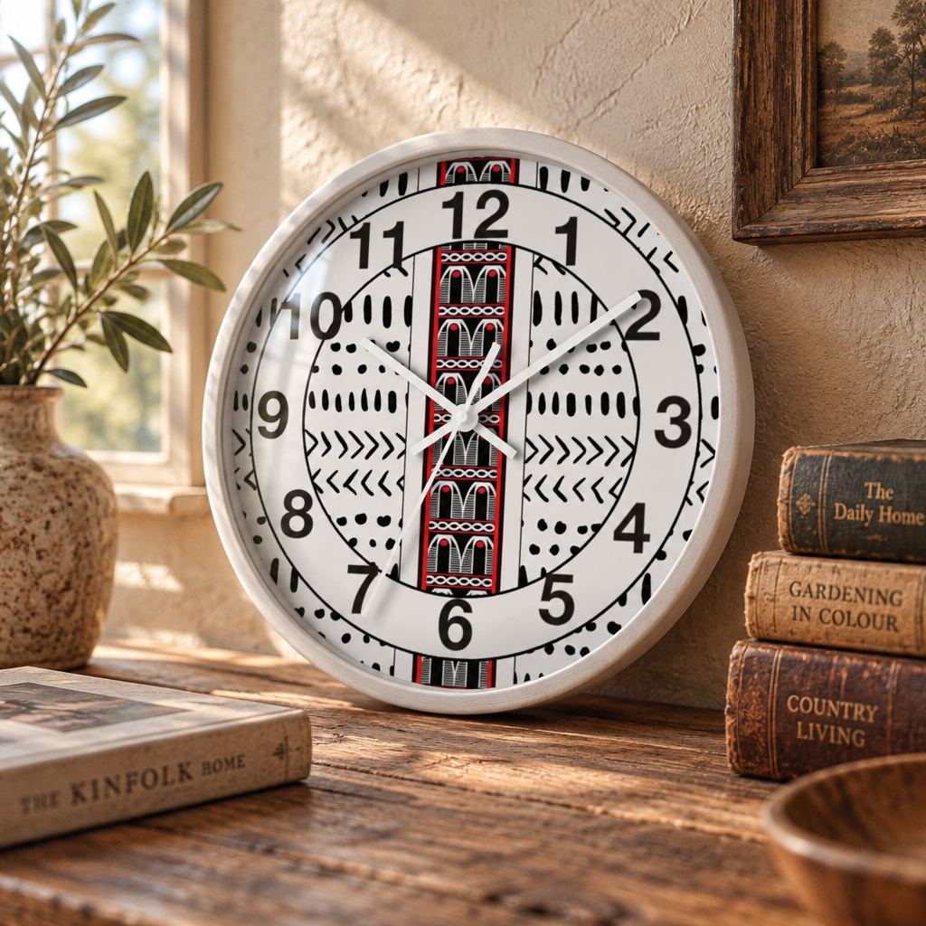 Black and White Toghu Stripe on Mudcloth Round Wood Wall Clock
