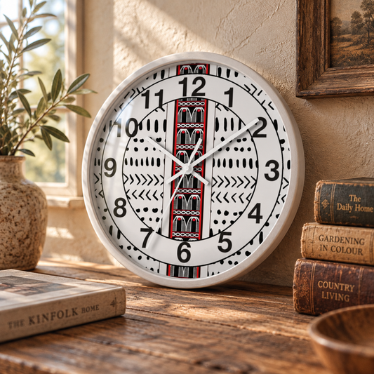 Black and White Toghu Stripe on Mudcloth Round Wood Wall Clock