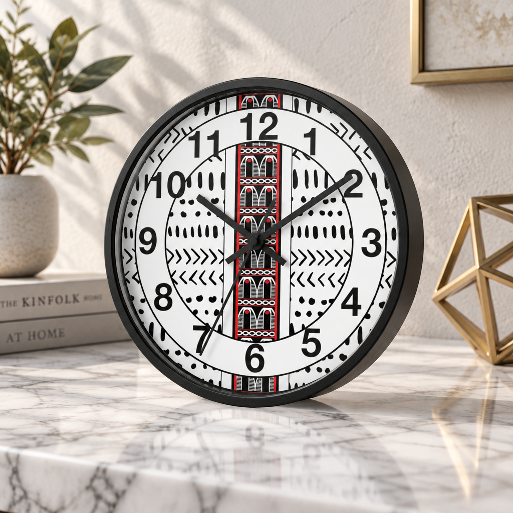 Black and White Toghu Stripe on Mudcloth Round Wood Wall Clock