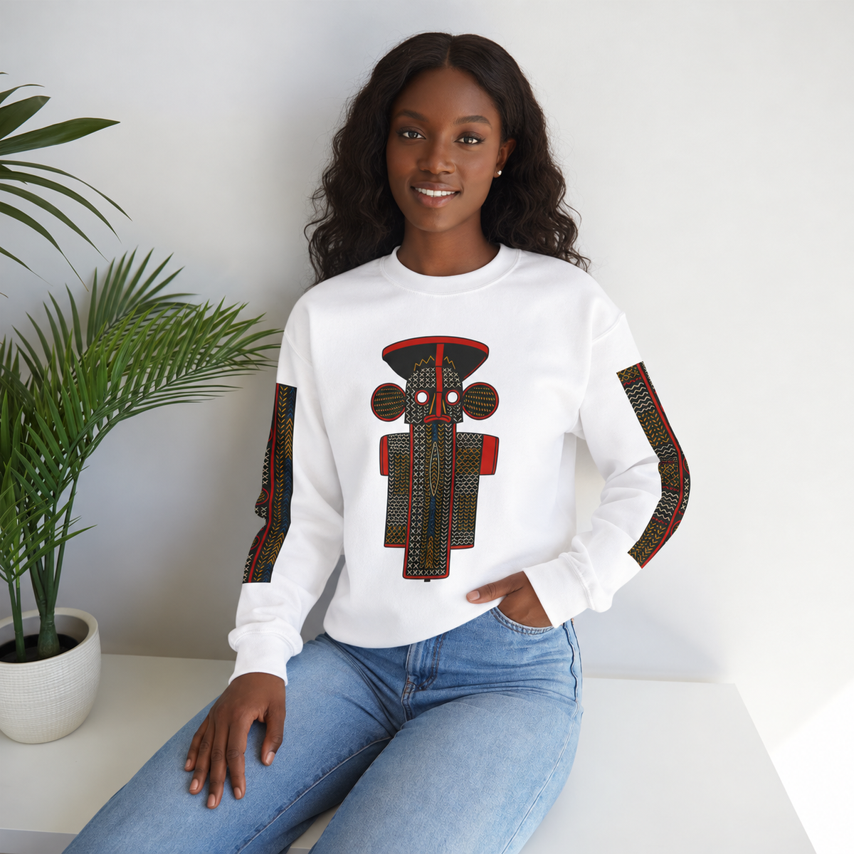 Unisex Elephant Mask Cotton Blend Sweatshirt, Colorful African-Inspired Crewneck