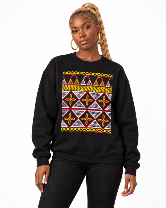 Toghu Panel Unisex Heavy Blend Crewneck Sweatshirt, African-Inspired Front & Back Design