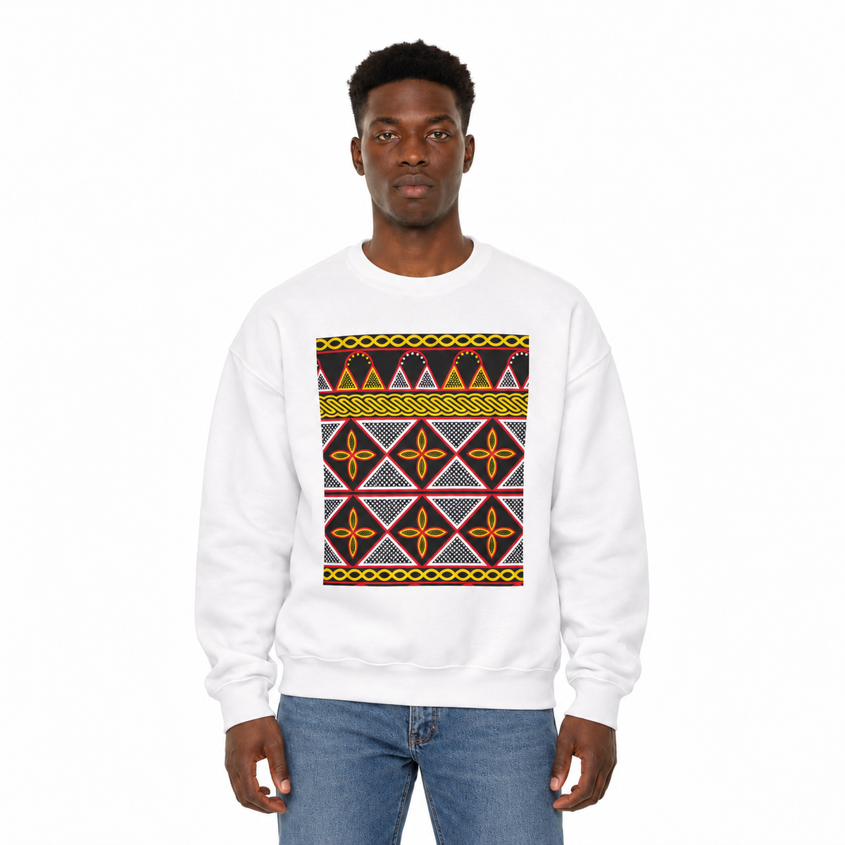 Toghu Panel Unisex Heavy Blend Crewneck Sweatshirt, African-Inspired Front & Back Design