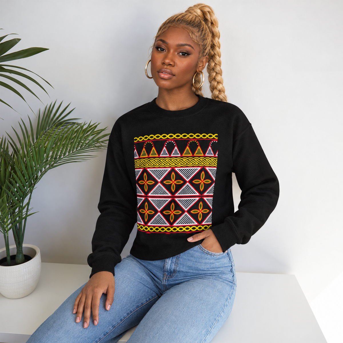 Toghu Panel Unisex Heavy Blend Crewneck Sweatshirt, African-Inspired Front & Back Design