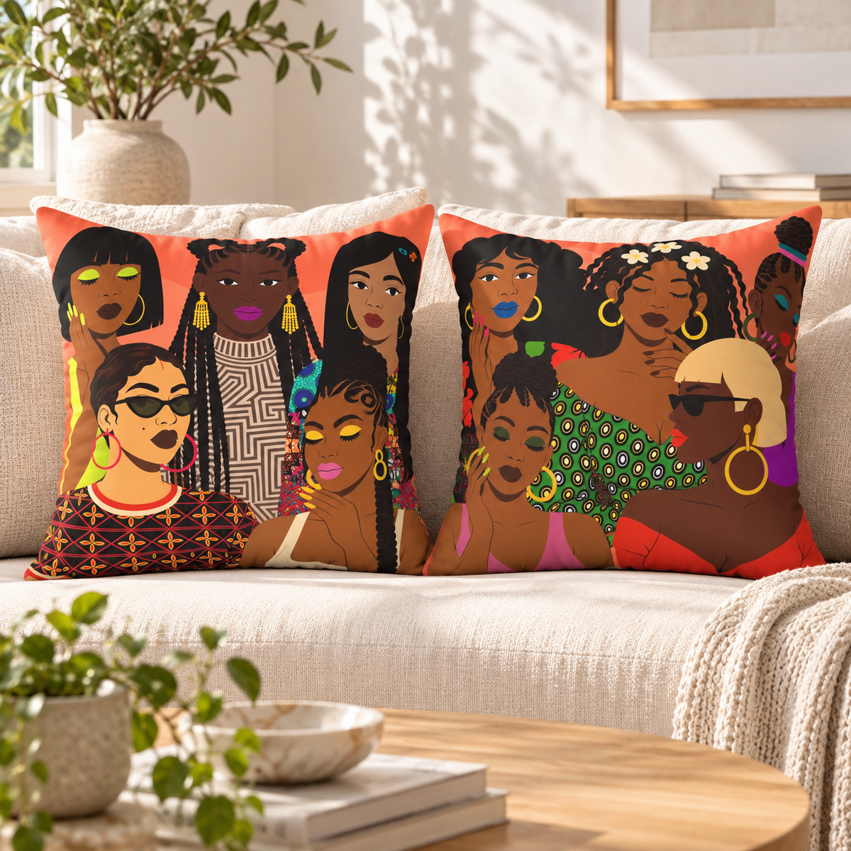 Black Girl Magic Collage Faux Suede Throw Pillow Cover, African-Inspired Black Women Art, Double-Sided Decorative Cushion