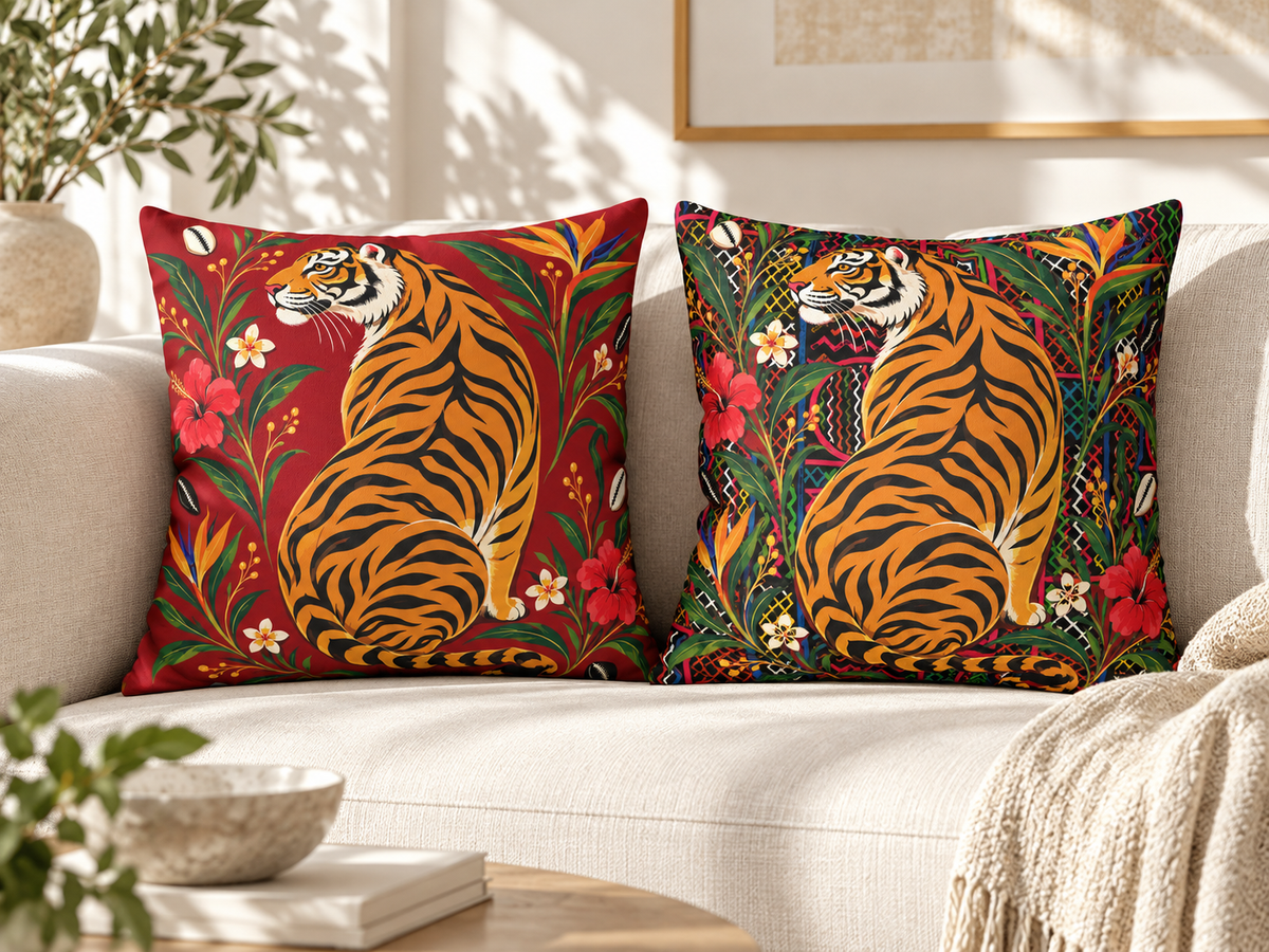 Bengal Tiger & Tropical Blooms Double-Sided Faux Suede Throw Pillow Cover | Ntoh-Inspired African Décor