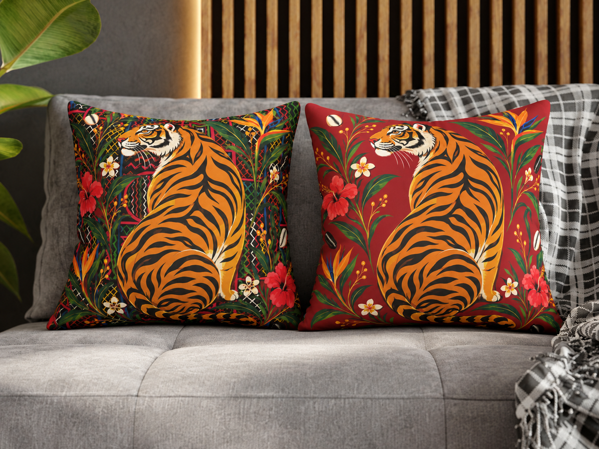 Bengal Tiger & Tropical Blooms Double-Sided Faux Suede Throw Pillow Cover | Ntoh-Inspired African Décor