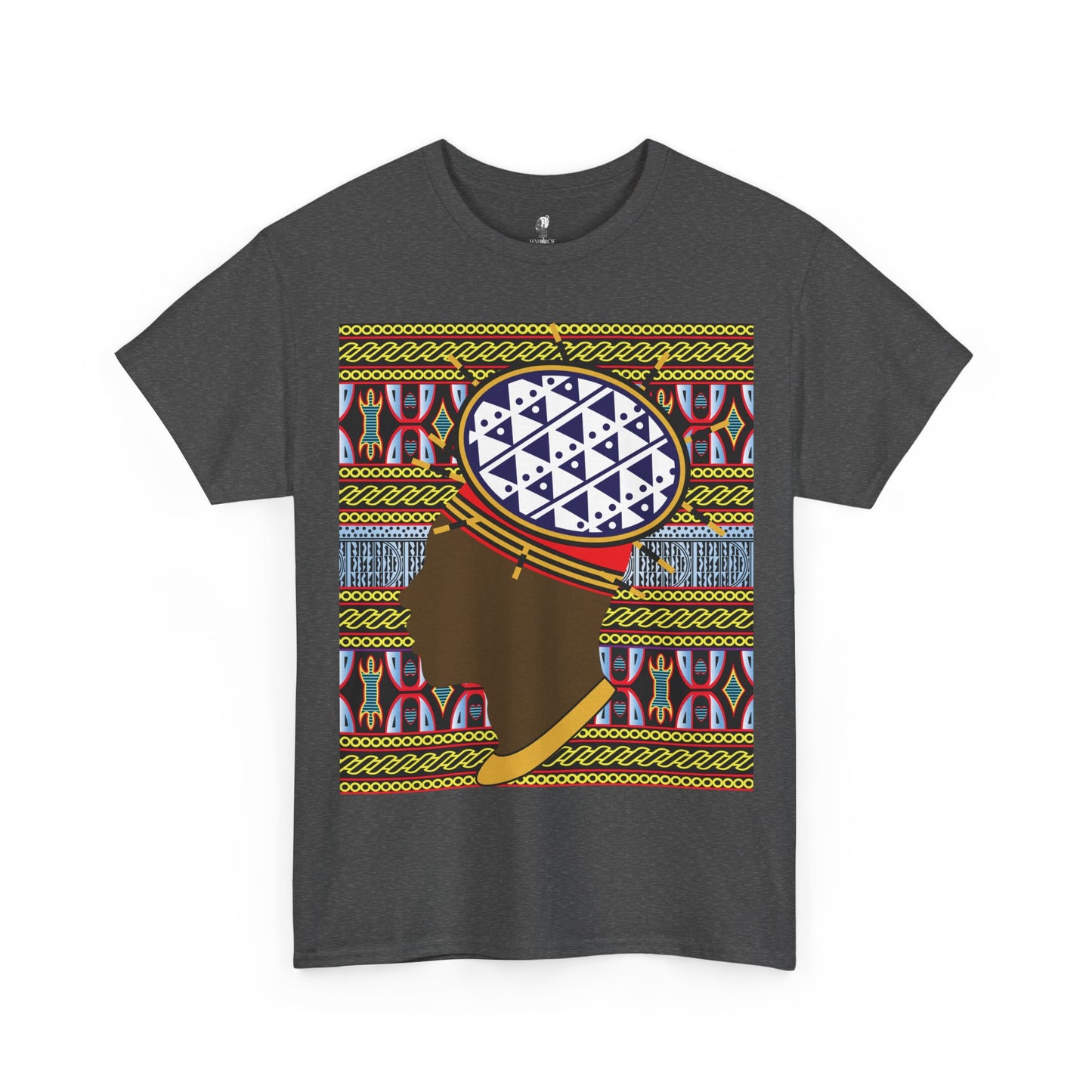 Man in Spiky Bamenda Bamileke Hat Chocolate on Black Mudcloth Unisex Heavy Cotton Tee