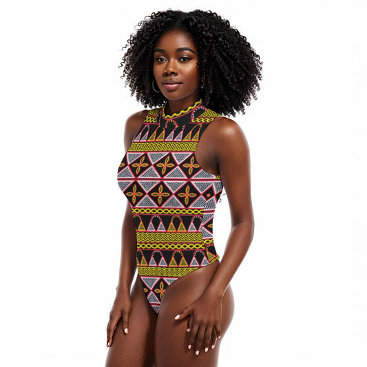 Toghu Print Bodysuit: Sleeveless African Cameroon Design
