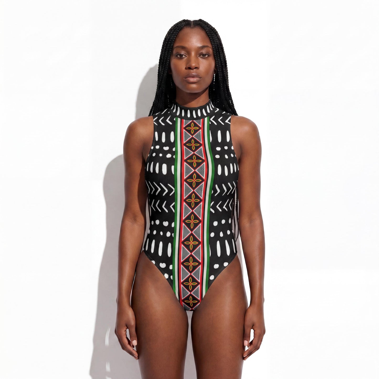 Striped Toghu and Mudcloth Print Bodysuit – African Cameroon Sleeveless Shirt