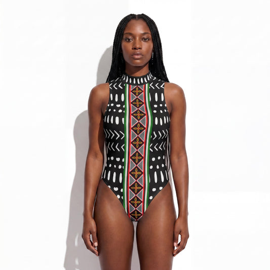 Striped Toghu and Mudcloth Print Bodysuit – African Cameroon Sleeveless Shirt