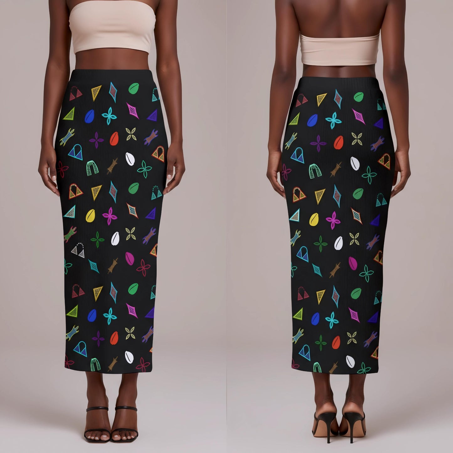 Neon Toghu Shapes Maxi Skirt: Women's Long Side Slit African Fashion, Ready to Ship