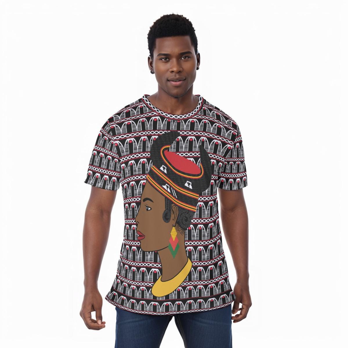 Hok Lady Unisex Athletic Eyebird T-Shirt, Cameroon Toghu Design, Ready to Ship  All-Over Print T-Shirt