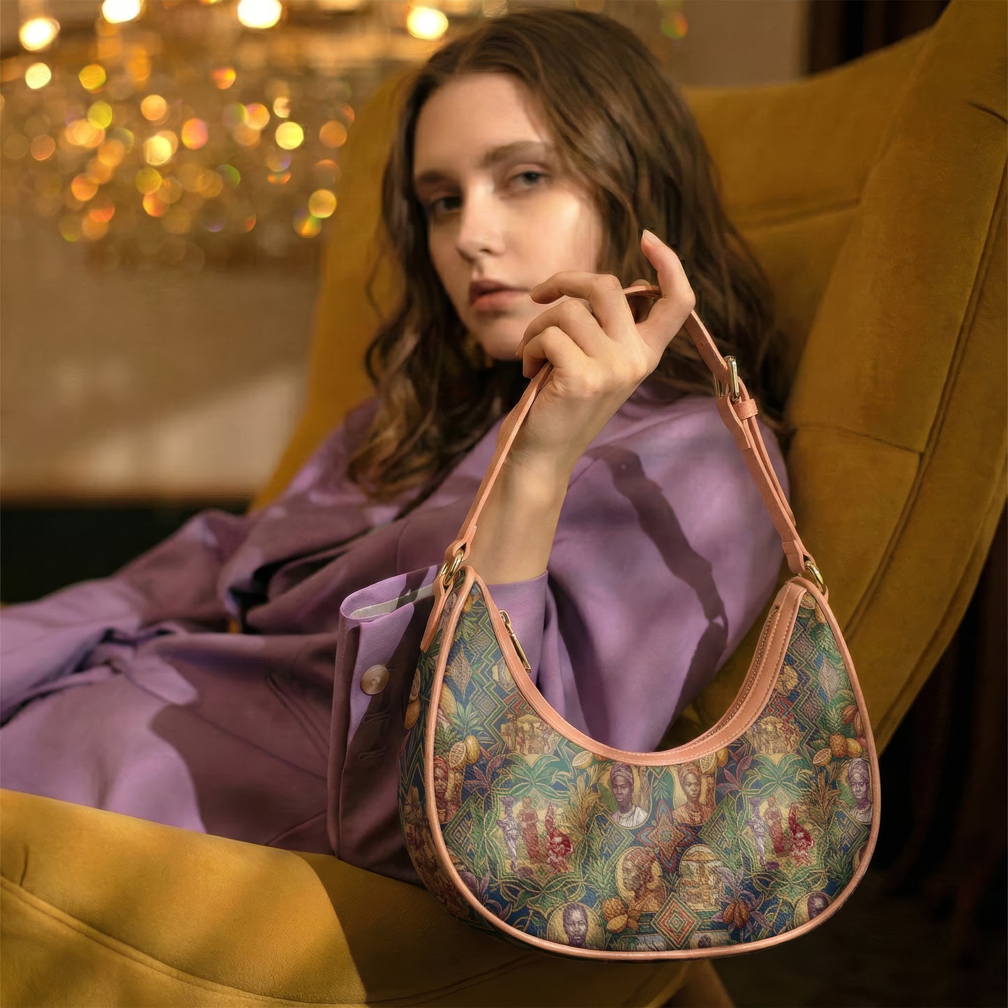 A woman in a purple outfit sits in a yellow armchair, holding a colorful purse with a floral pattern.