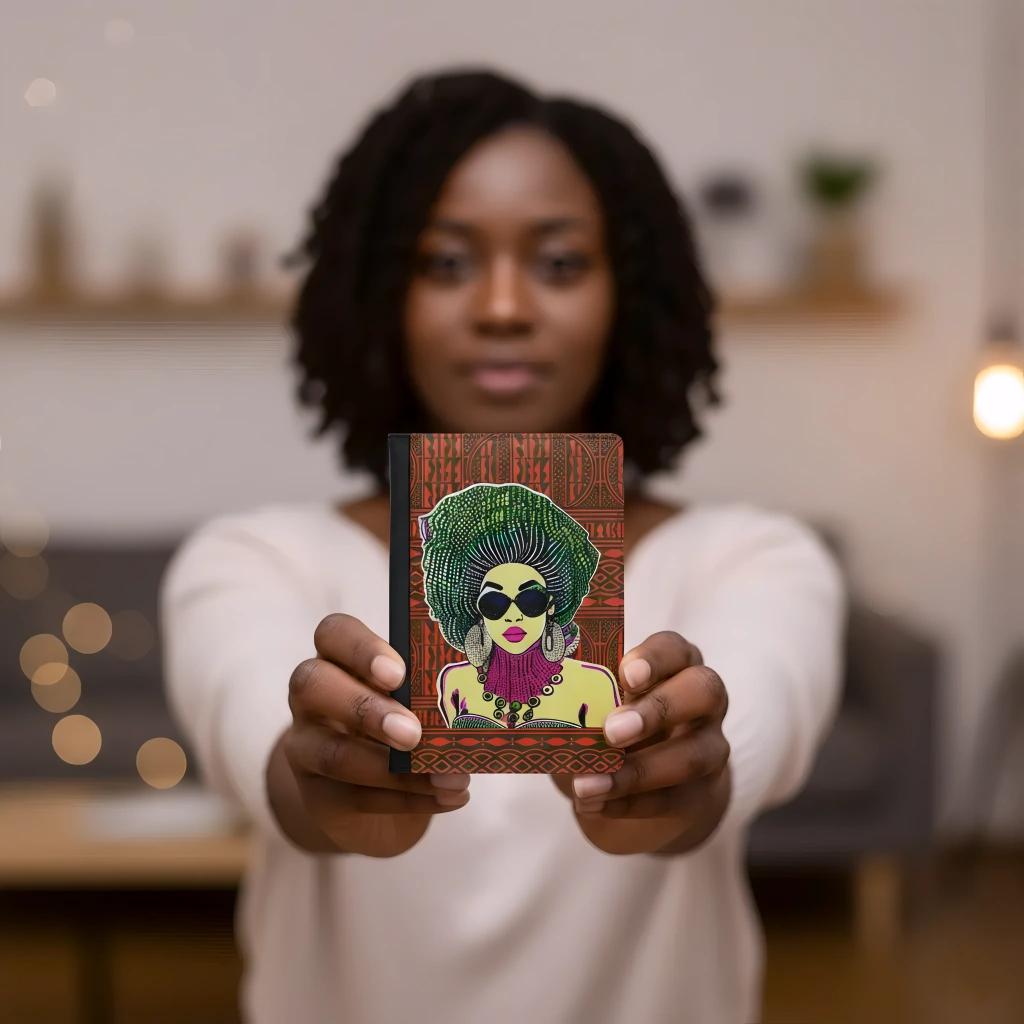 A woman holding a colorful notebook with an illustration of a woman's face on the cover.