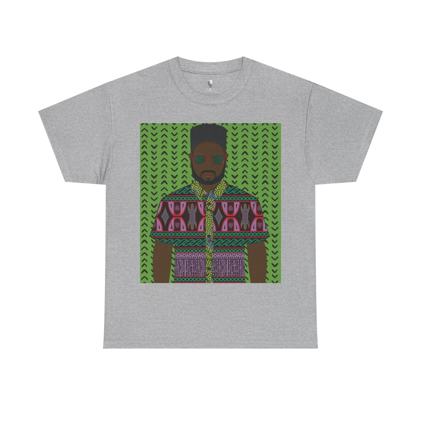Phillipe(Chocolate) in Purple Toghu on Green Mudcloth Unisex Heavy Cotton Tee