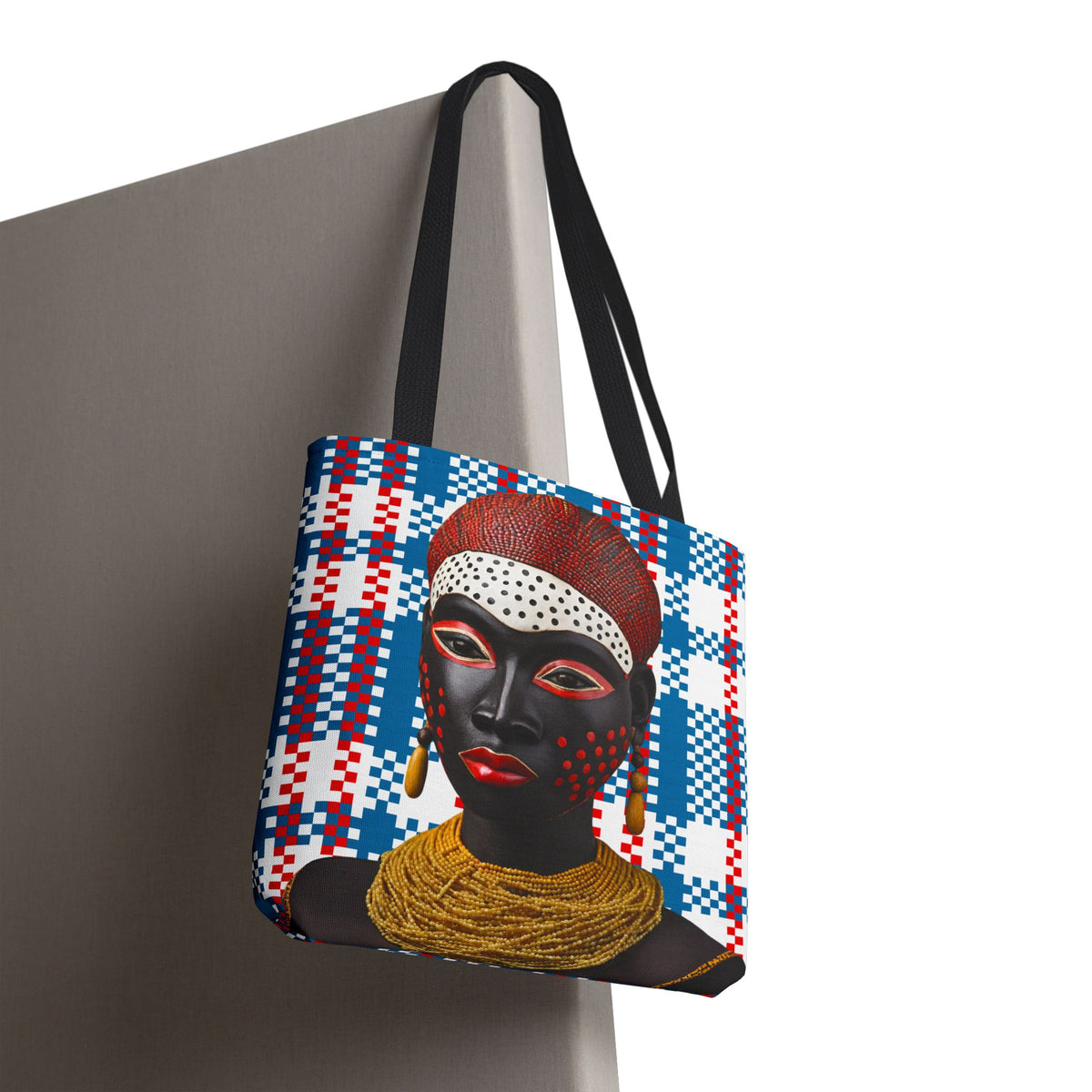African Tote Bag, Masked Lady Design, Mukuta Plaid Grocery Bag, Gift for Her, Shopping Tote, Carry All Bag