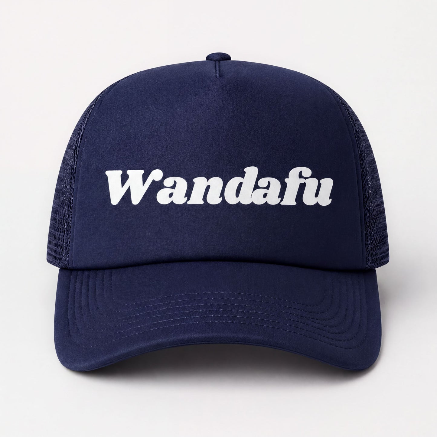 A navy blue baseball cap with the word "Wandafu" printed on it in white text.