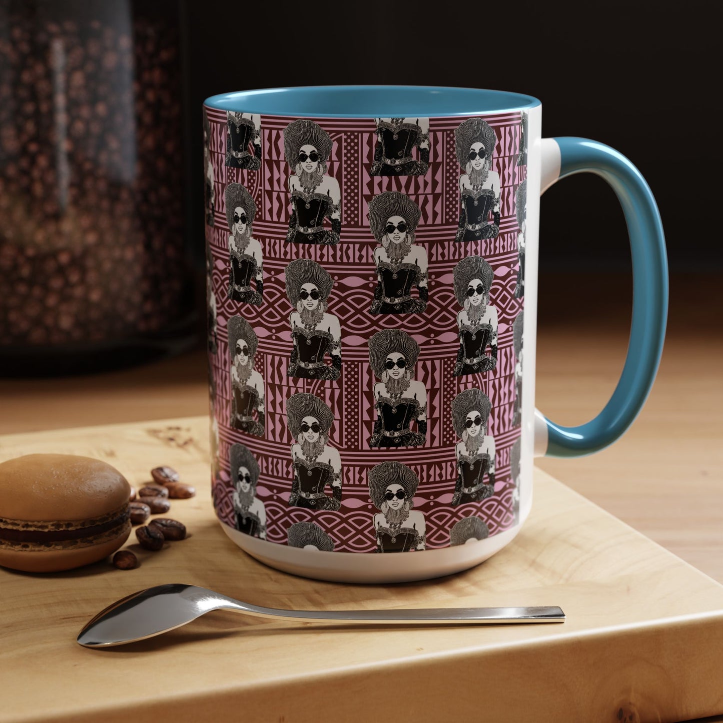 Madame Headtie(BW) Two-Tone Ceramic Coffee Mugs on Pink Ndop (4 Colors), 15oz