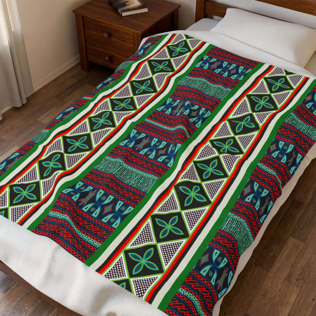 Aqua Red Toghu with Strip Velveteen Plush Blanket